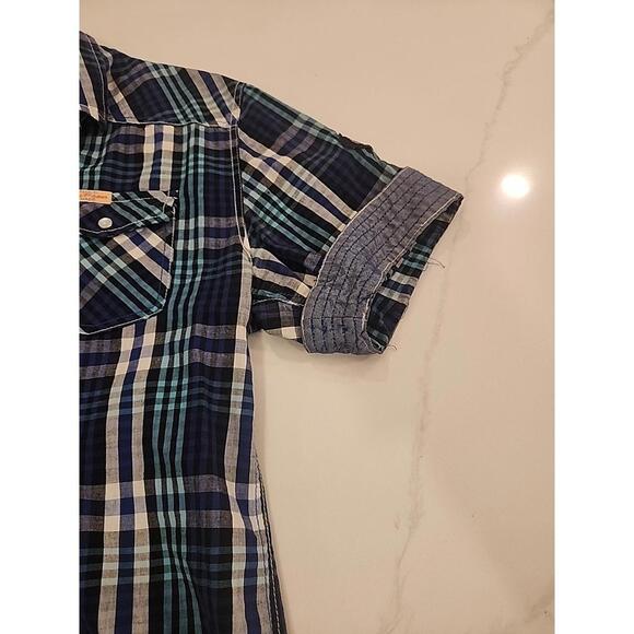 Rolling Paper Men’s Plaid Multicolor Short Sleeve Button Shirt Patches Size L - Picture 5 of 10